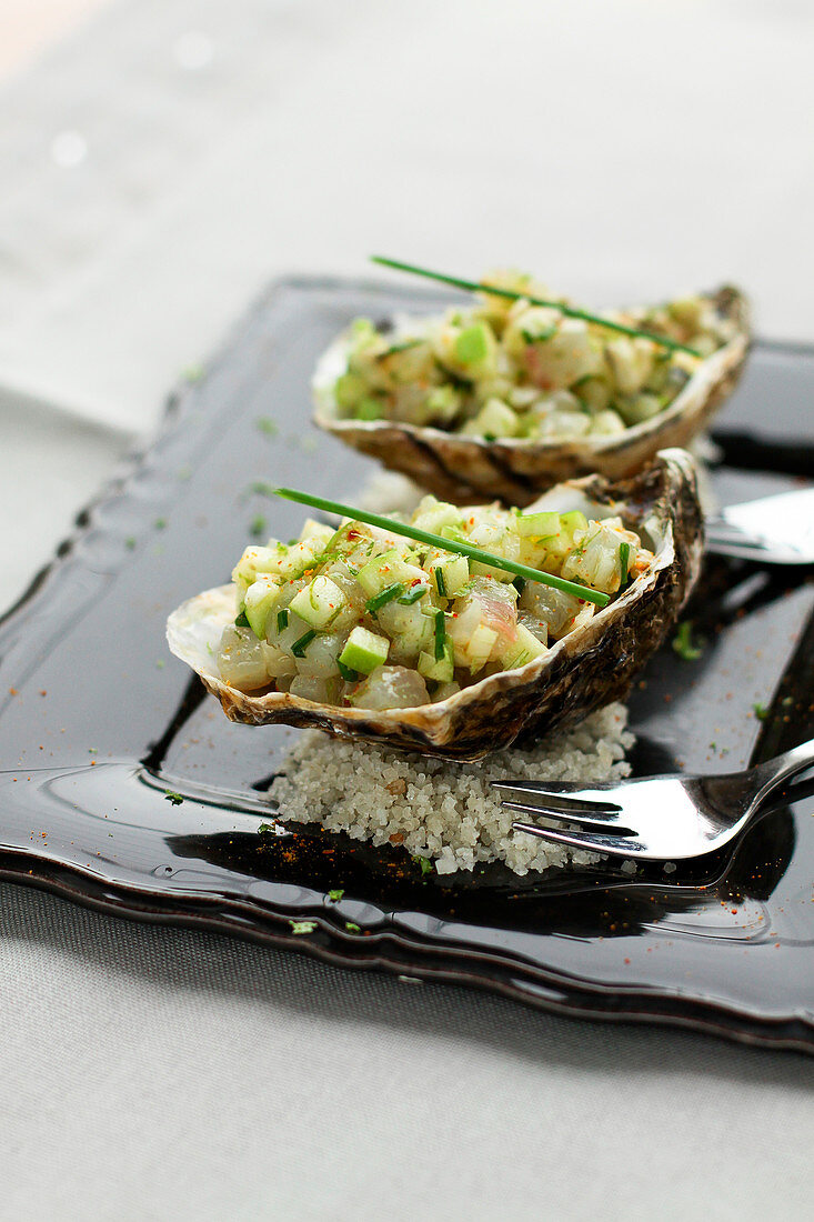 Oyster and bass tartare with green apple