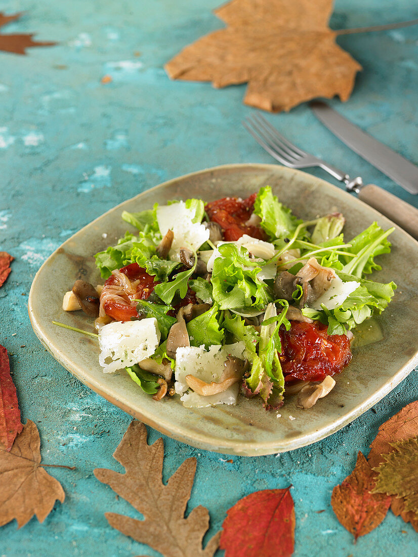 Salat mit Tomaten, Parmesan und Pilzen