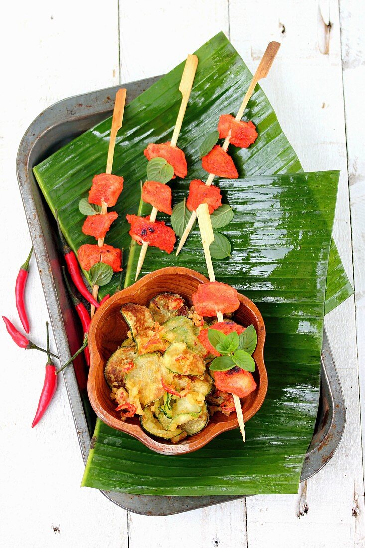 Tandoori chicken and courgette tempuras