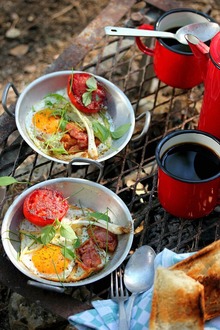 Tin plat of fried egg and tomatoes, cup of coffee for a picnic