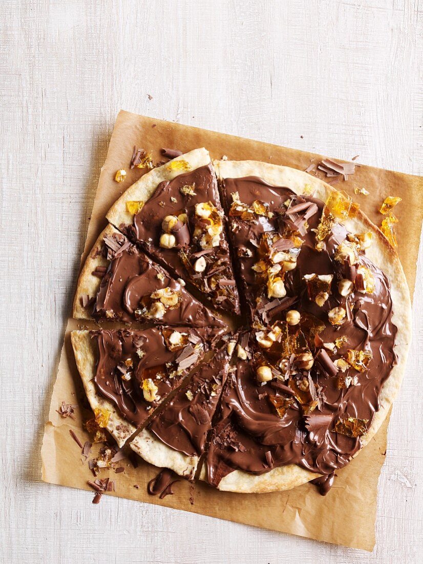 Chocolate, hazelnut and toffee pizza