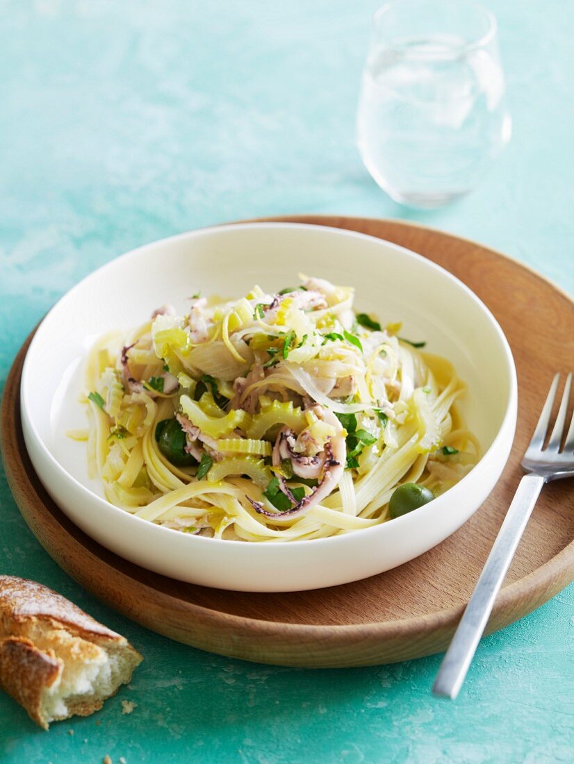 Fettuccine with octopus, celery and olives