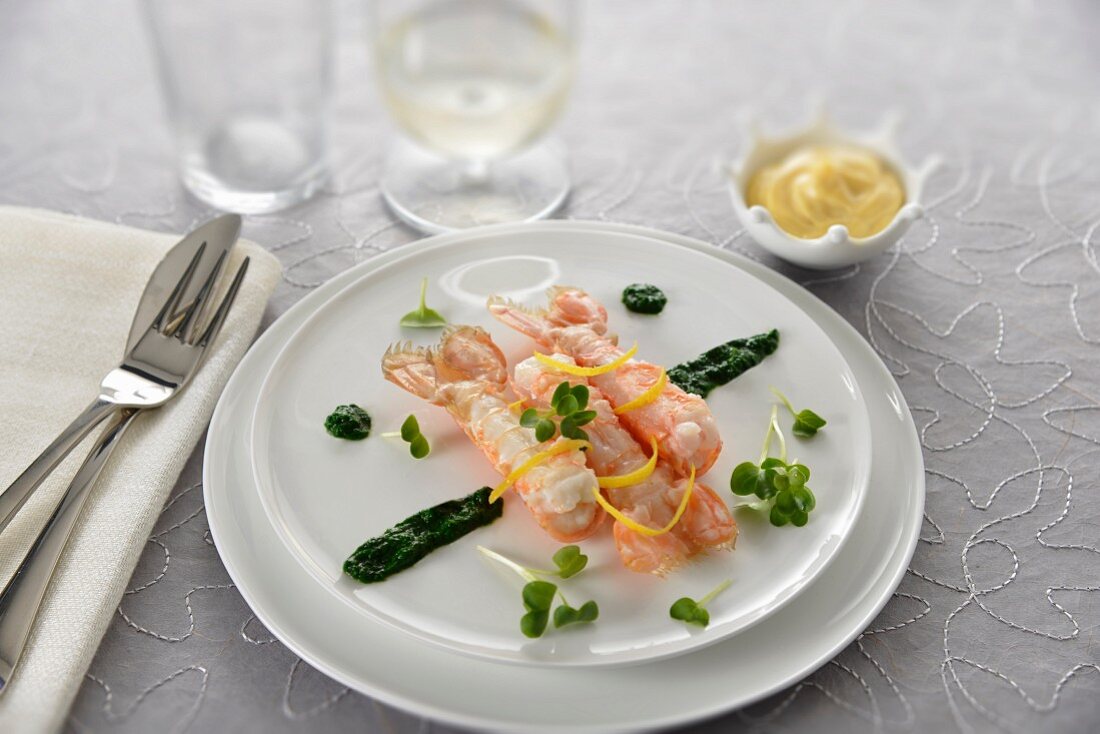 Langoustines with watercress coulis, lemon zests and mayonnaise