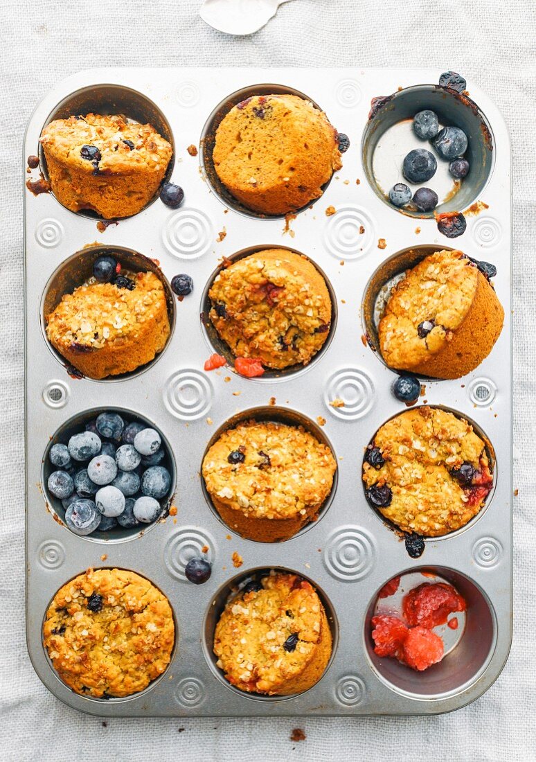 Turmeric and blueberry muffins in their moulds