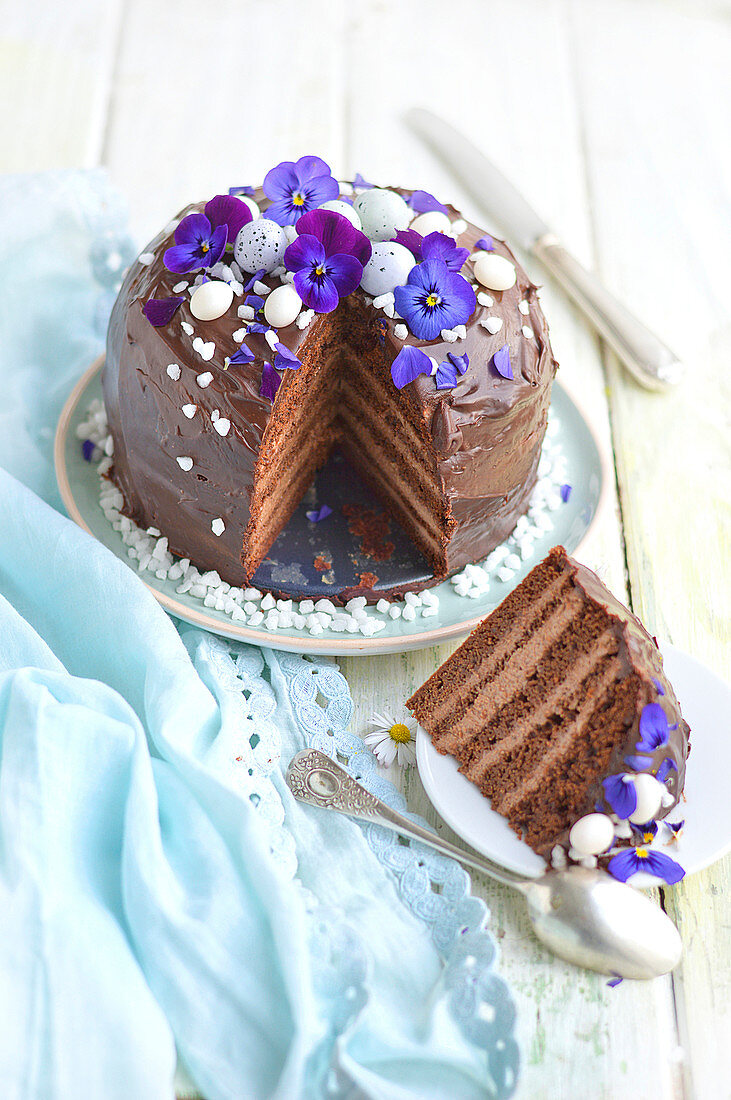 Dark chocolate and praline Easter layer cake