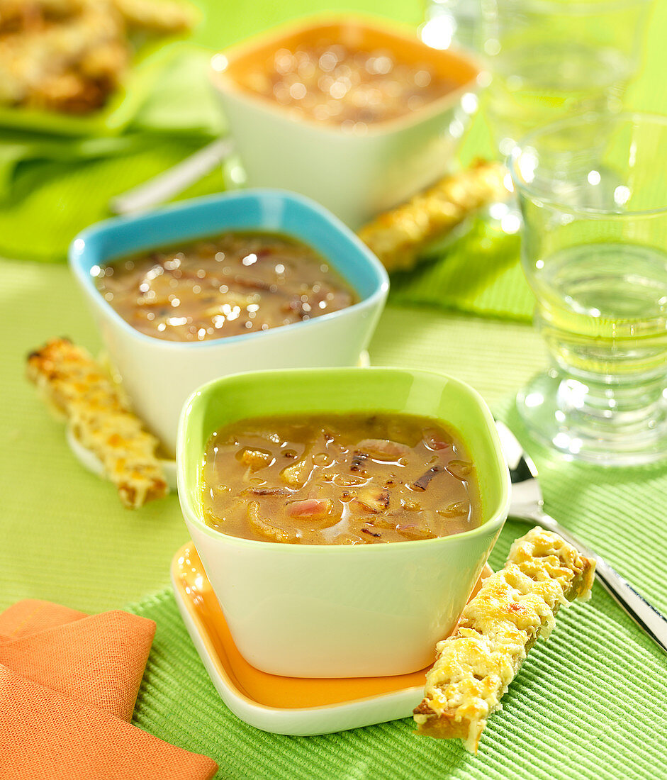 Light Red Onion Soup, Grilled Emmental Brown Bread Fingers