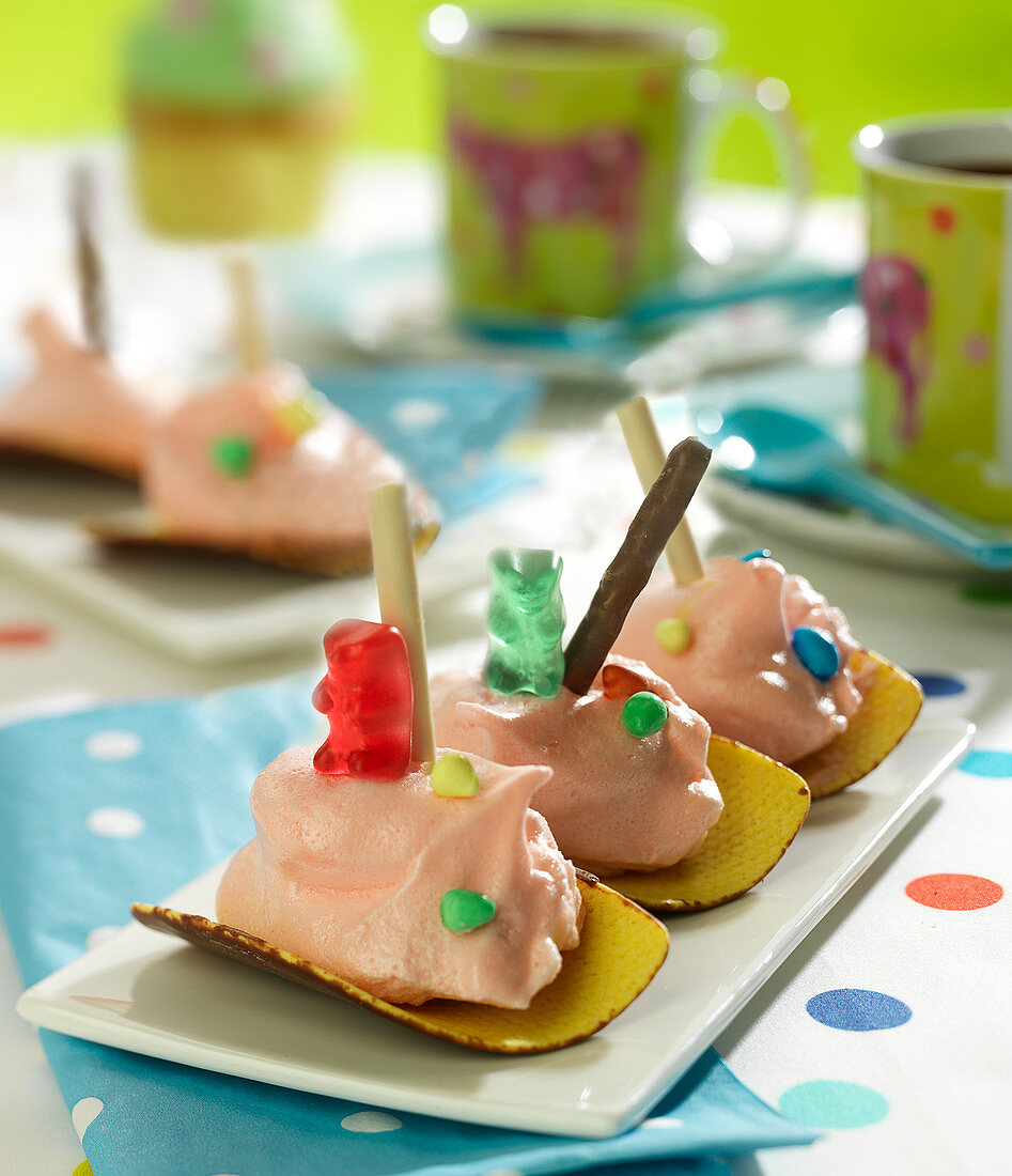 Chocolate Tuile,Candy Cotton And Mikado Biscuit Boats With Jelly Bears