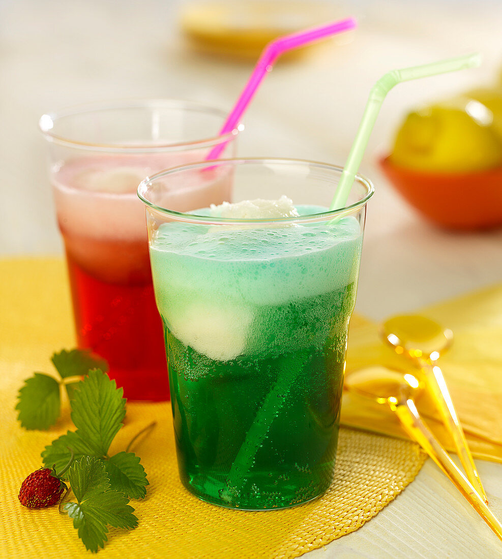 Lemonade, mint and strawberry cordial and lemon curd ice cream cocktails