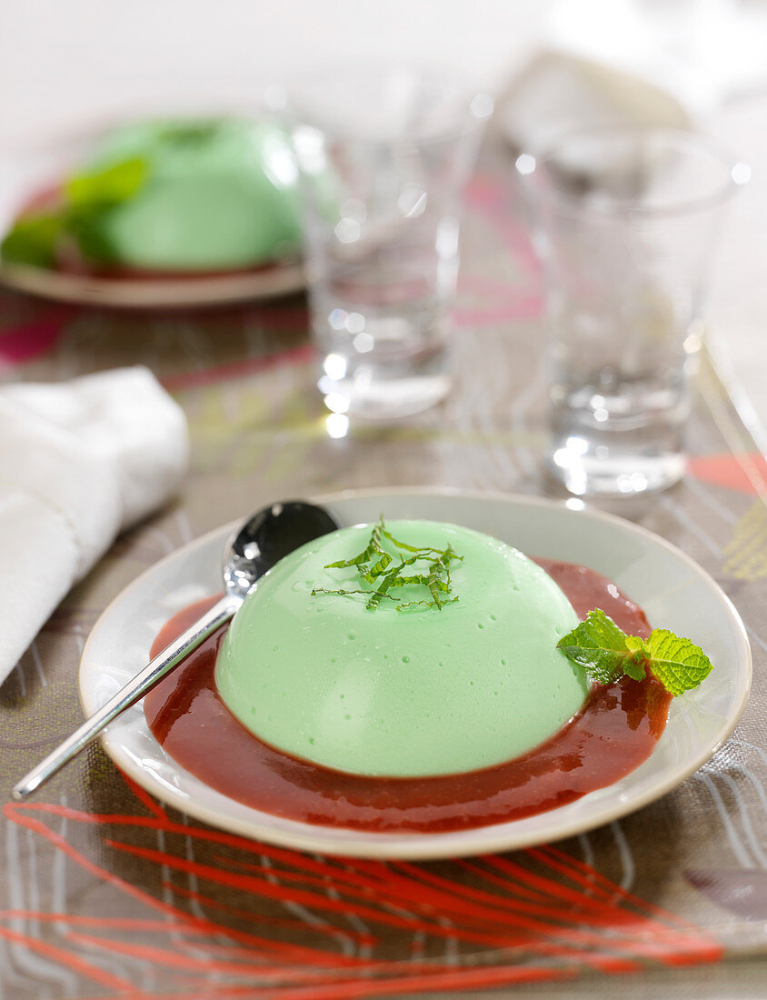 Mint panna cotta with strawberry coulis