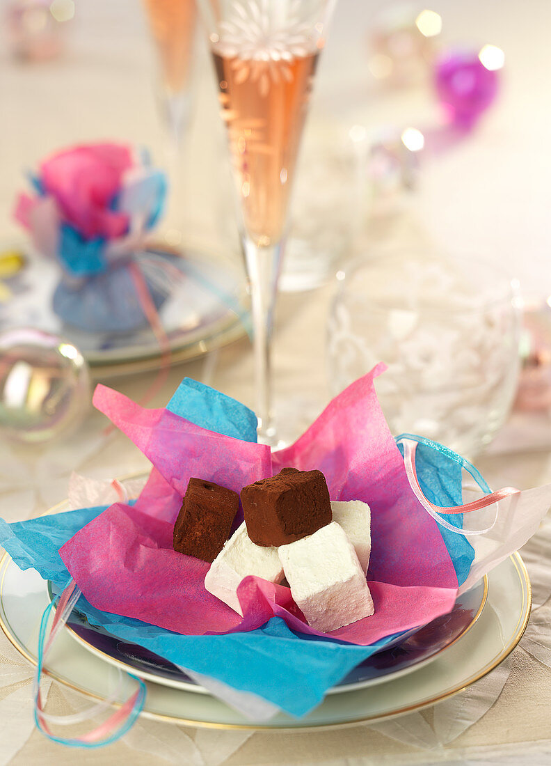 Sugar and chocolate marshmallow cubes