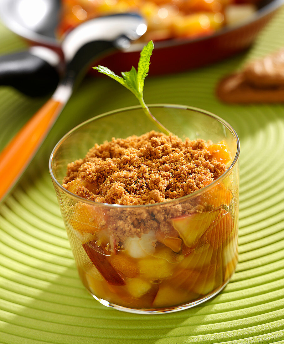Pan-fried summer fruit spiced biscuit crumble