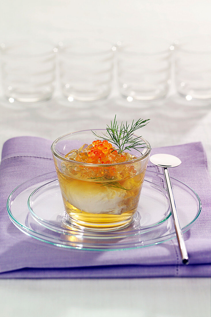 Hard-boiled egg in aspic with salmon roe