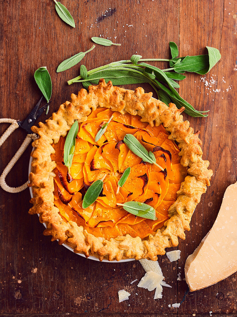 Shredded Duck,Parmesan Cream And Sliced Butternut Squash Autumn Pie Decorated With Pastry Leaves