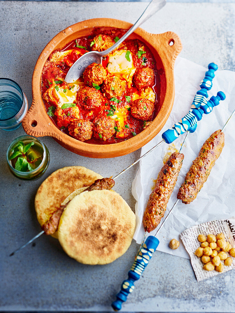 Kefta balls with eggs and kefta brochettes
