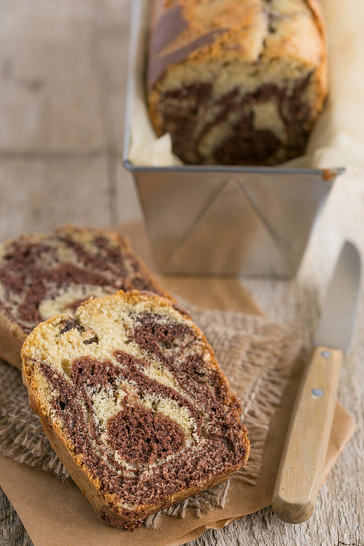 Sliced chocolate-vanilla marble cake