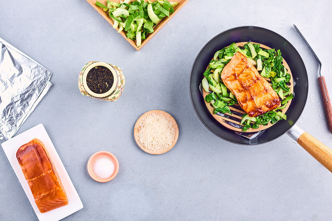 Salmon and pak-choi wok