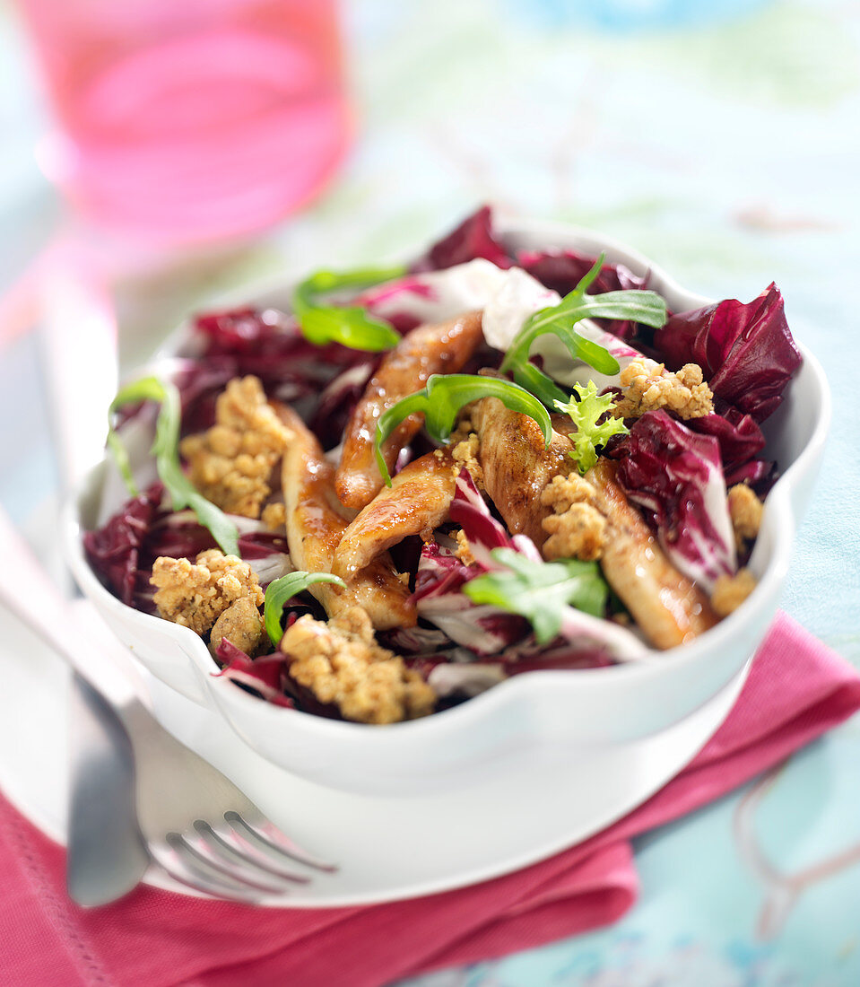 Thinly sliced chicken, radicchio lettuce,crushed walnut and Roquefort crumb salad