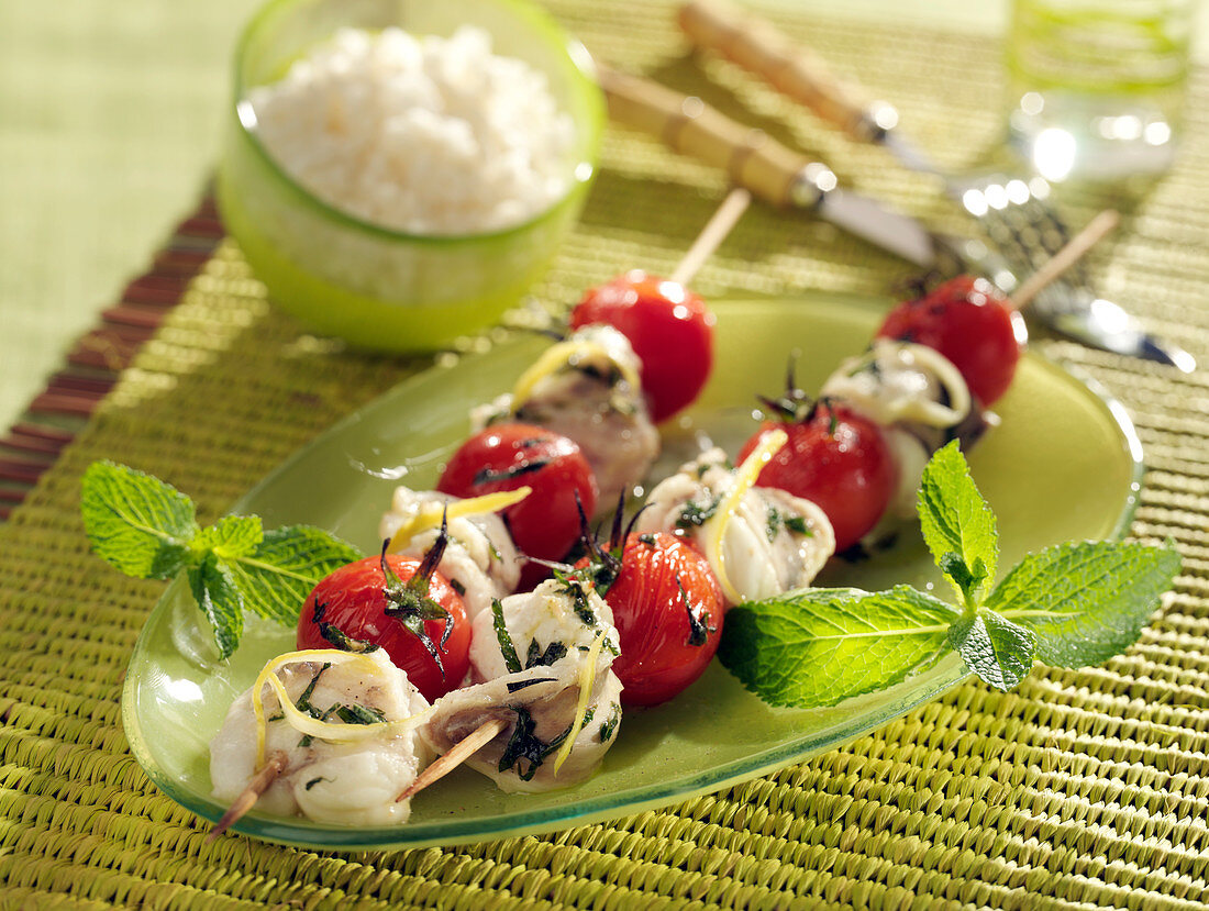 Cherry tomato and monkfish marinated in lemon and mint brochettes