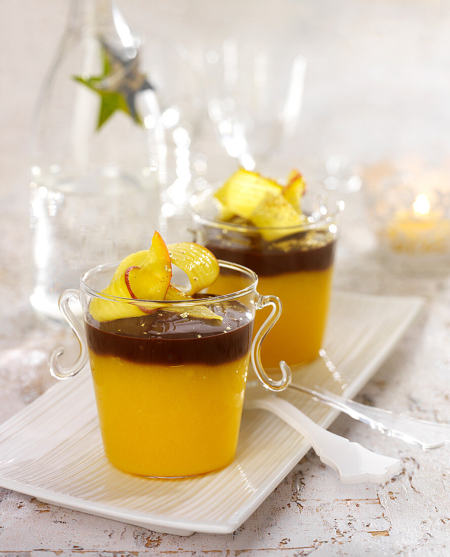 Mango mousse topped with chocolate cream