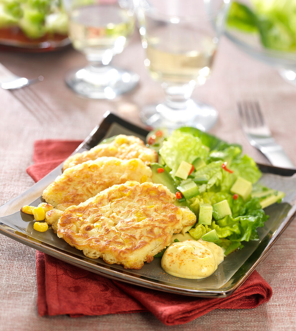 Sweet corn fritters and Mexican salad