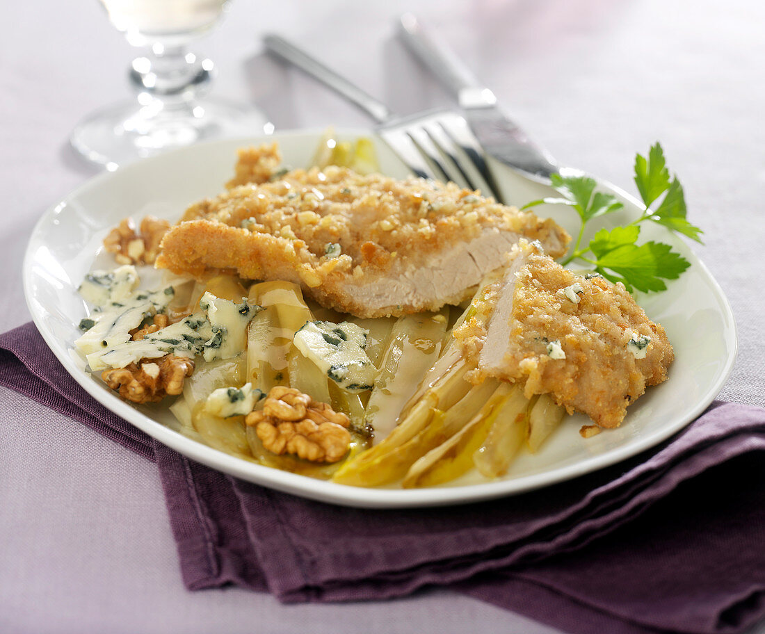 Veal escalope in walnut crust, braised chicory with Roquefort