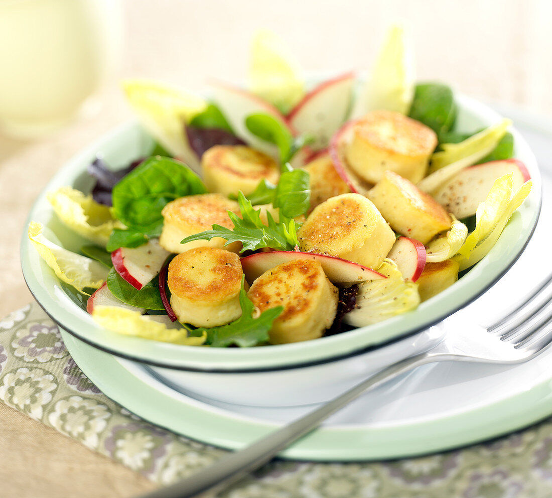 Knackiger Salat mit Geflügelnocken, Chicorée, Spinat, Rucola, Radieschen und Apfel