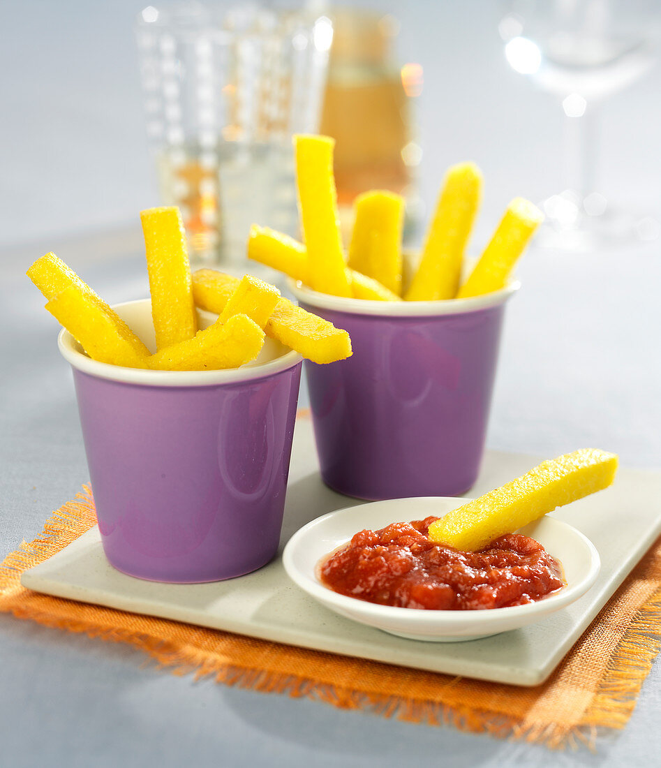 Polenta chips and tomato sauce