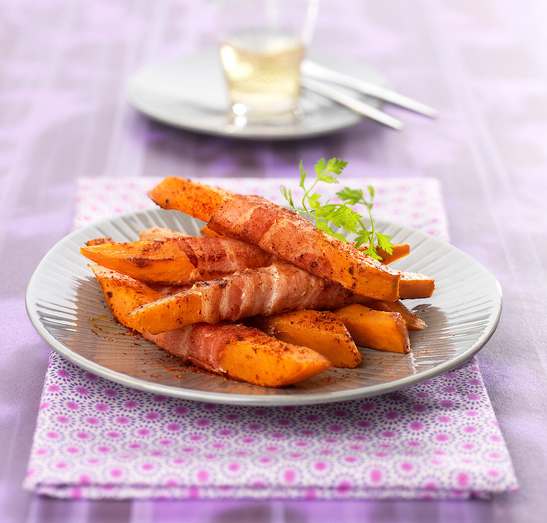 Sweet potato chips wrapped in bacon