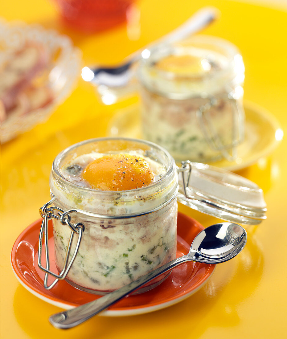 Shirred egg with tuna in a jar