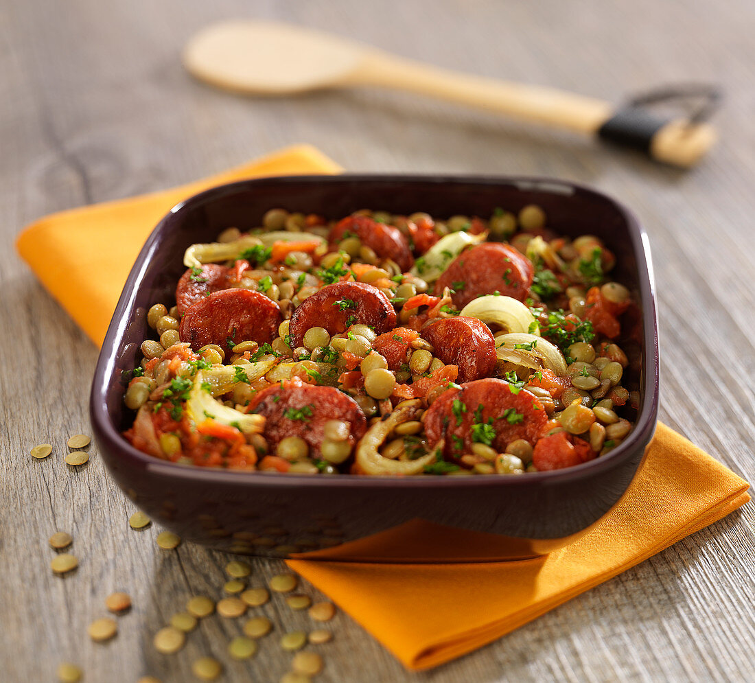 Light brown lentils with chorizo