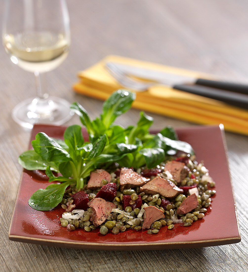 Green lentil,chicken liver, beetroot and corn letuce