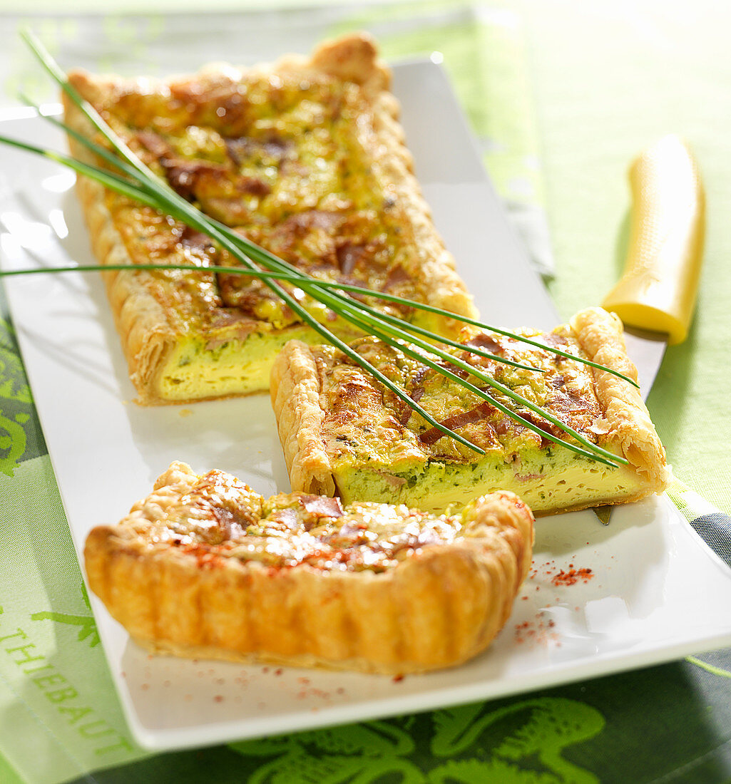 Fromage frais, herb and smoked raw ham flaky pastry quiche