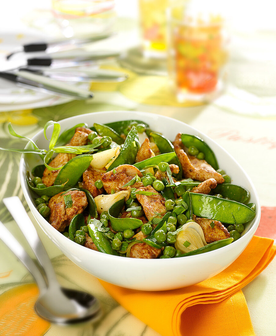 Turkey, pea, spring onion, sweet pea and tarragon stir-fry