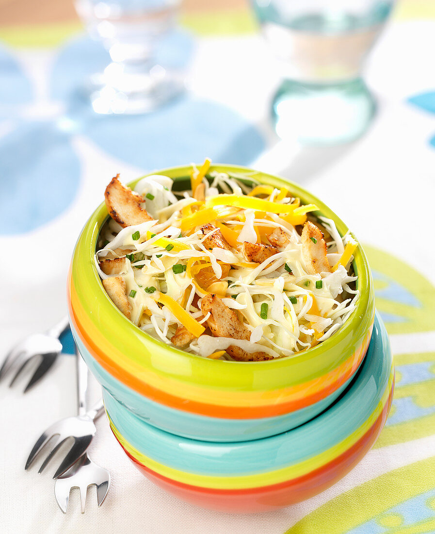 White cabbage, thinly sliced chicken, raisin and thinly sliced mimolette salad