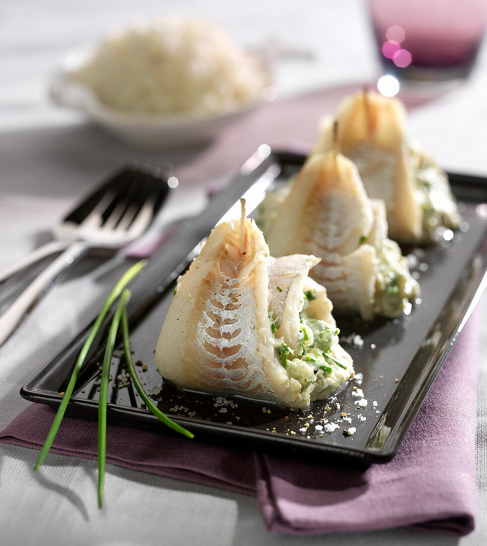 Rolled whiting fillets with herbs