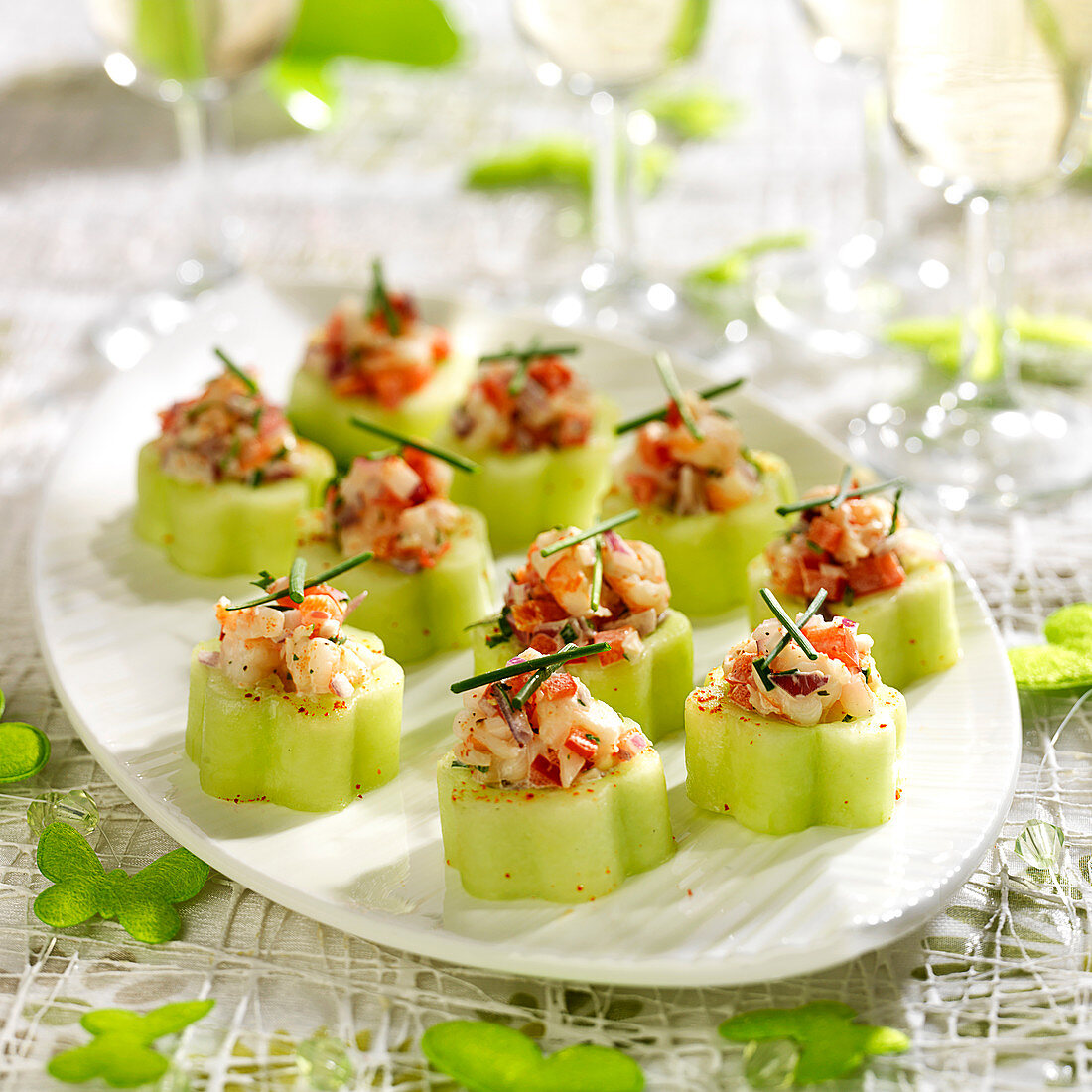 Cucumber flowers and shrimp appetizers