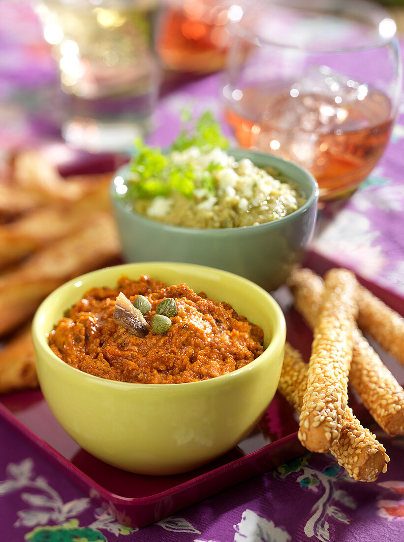 Grilled red pepper spread and creamed white haricot bean spread