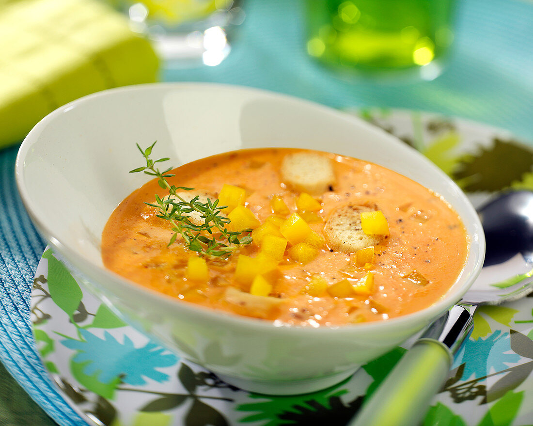 Tomato and yellow pepper gazpacho with croutons