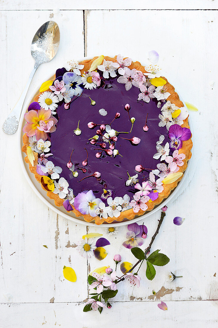 Blackcurrant pie decorated with flowers