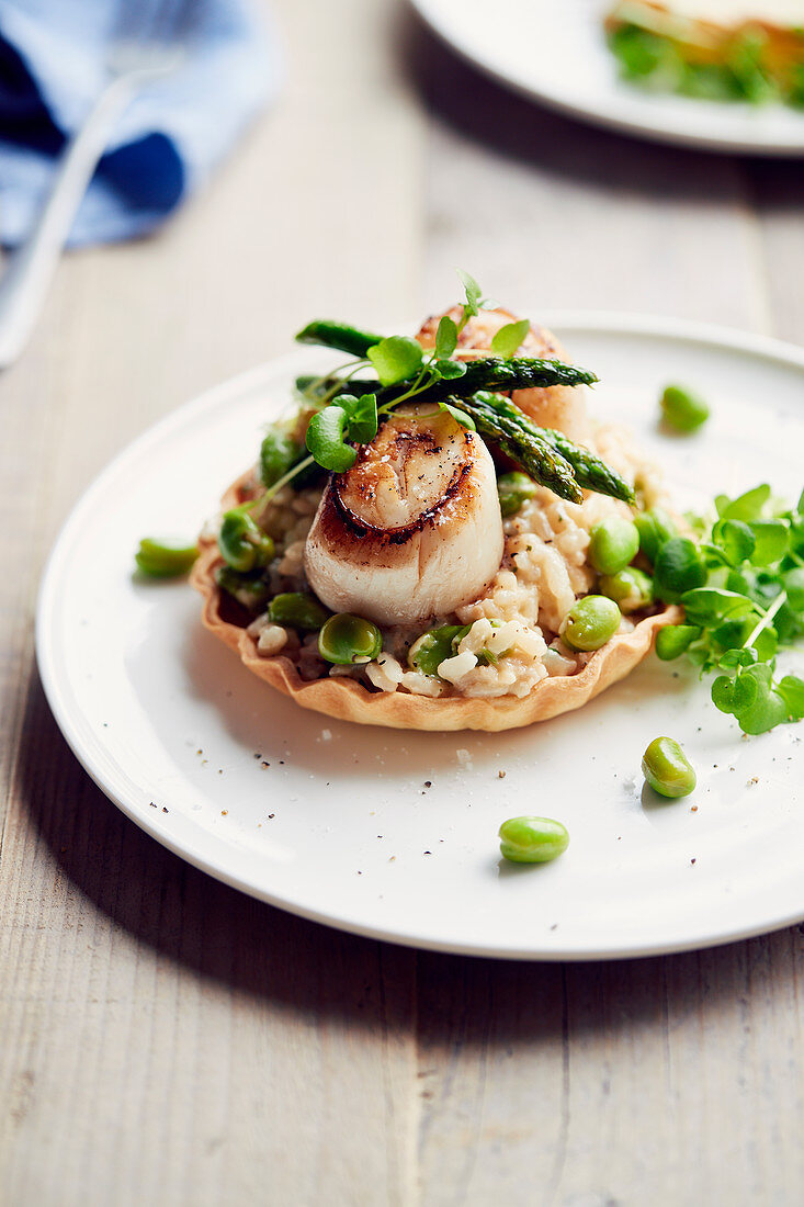 Cauliflower tartlet with mung beans, asparagus and scallops