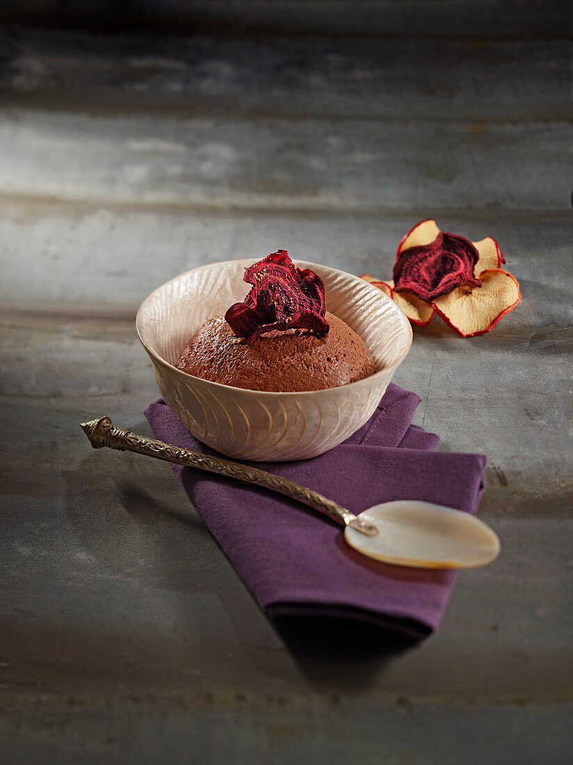 Chocolate mousse with apple and beetroot chips