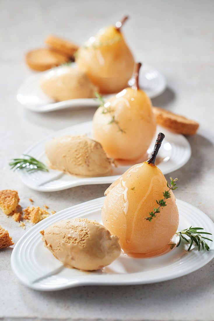 Poached Pear with Thyme and Rosemary Infusion and Salted Butter Caramel Ice Cream