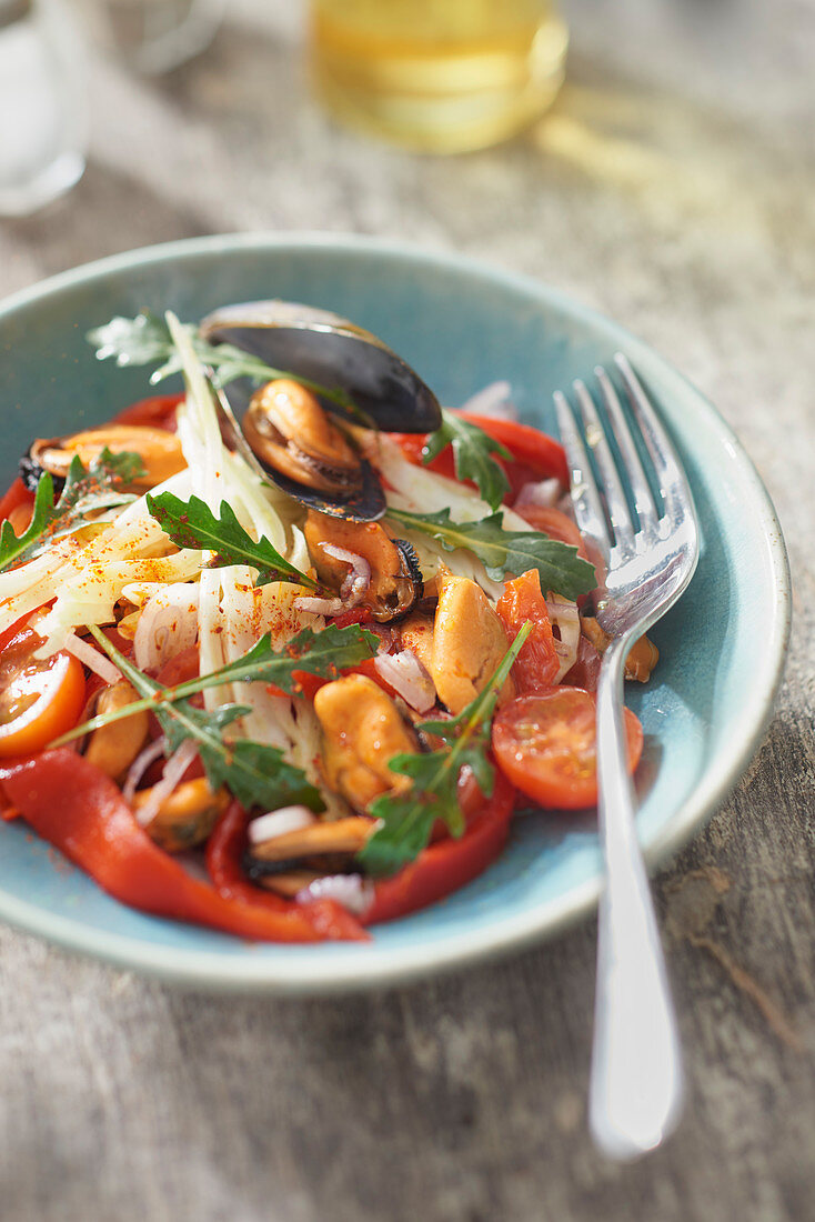 Mussel Salad with Tomato, Peppers, Fennel and Piment Breton