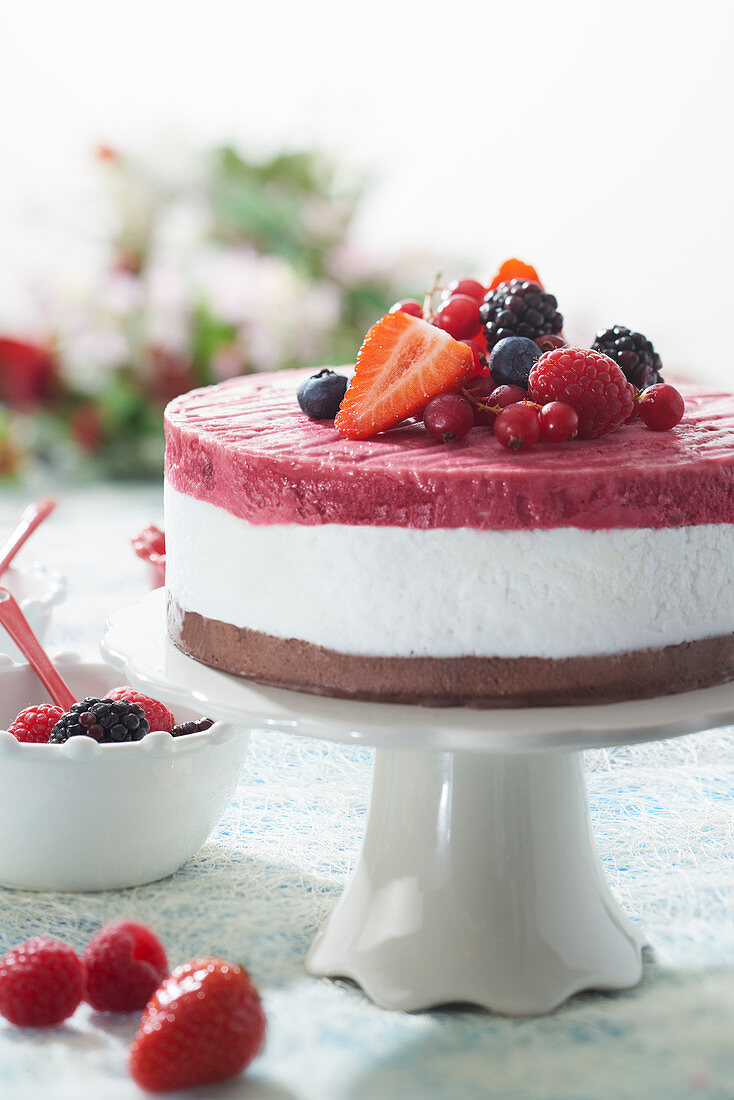 Chocolate, coconut and cherry-cardamom ice cream cake with fresh red fruits