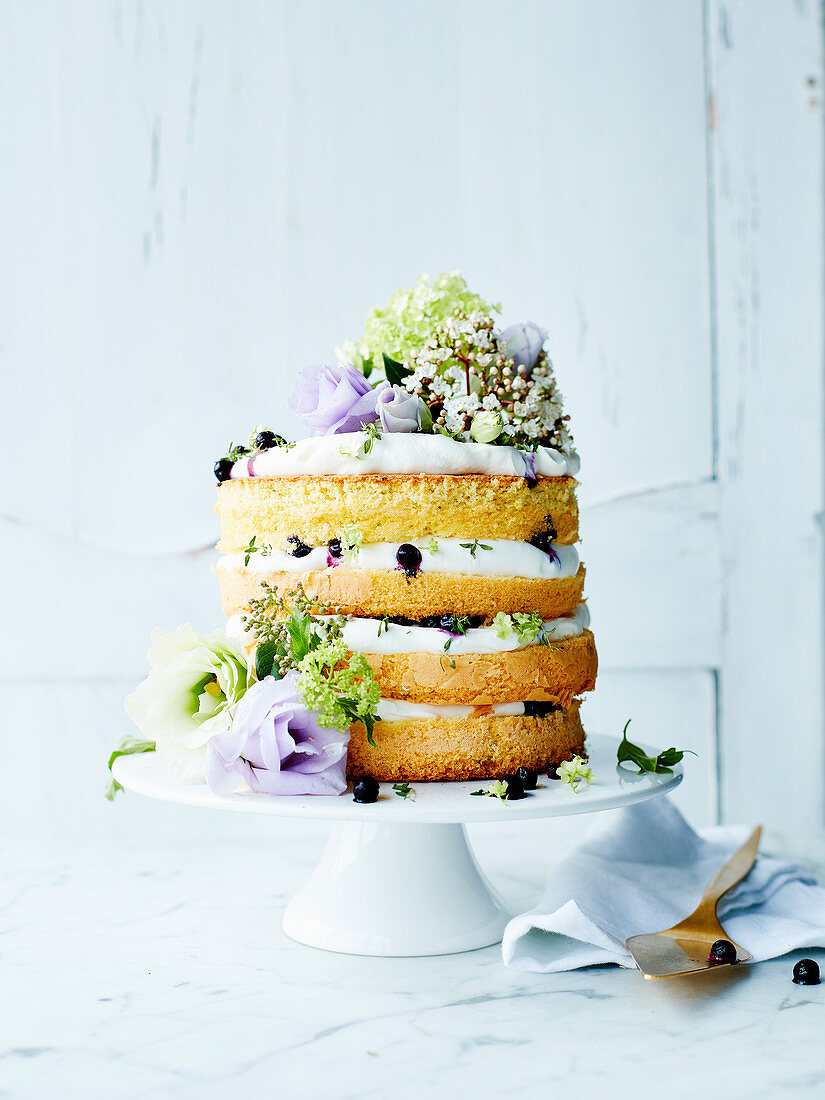 Naked Cake mit Mascarponemousse und Heidelbeeren, mit Blumen verziert