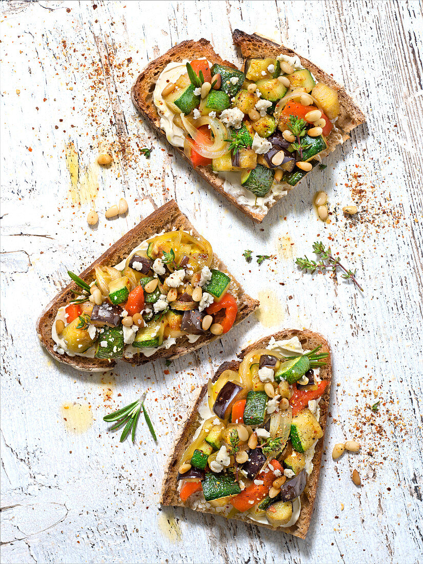 Fromage frais, pepper,courgette, aubergine, onion, pine nuts and feta crumb toasts