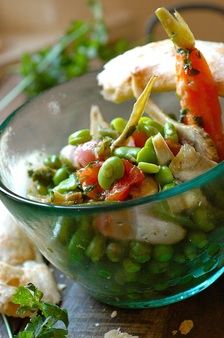 Broad bean, pea and artichoke salad