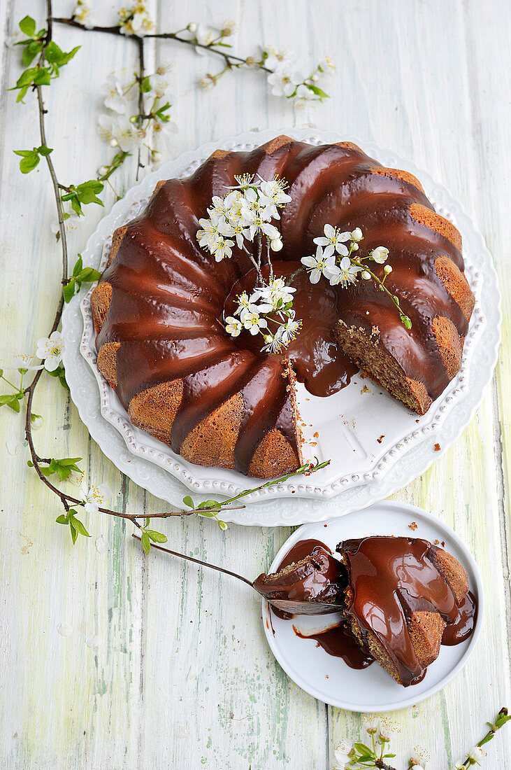 Chocolate wreath cake with glaze