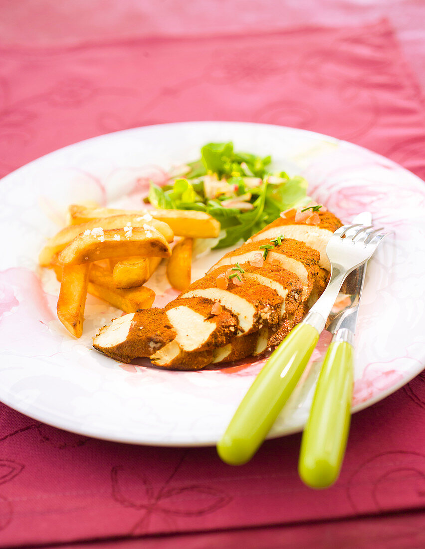Spicy turkey breasts,chips with Fleur de Sel sea salt ad salad