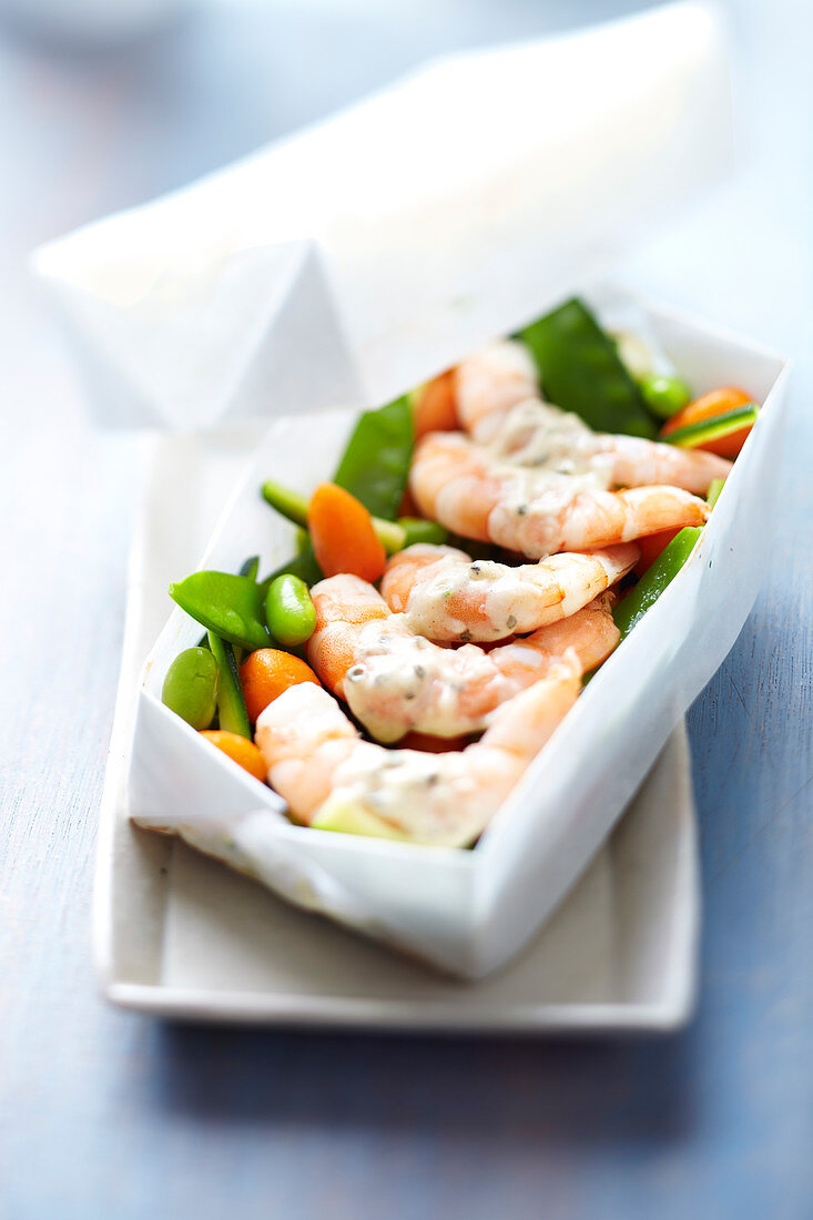 Shrimp,spring vegetable and coconut milk papillote